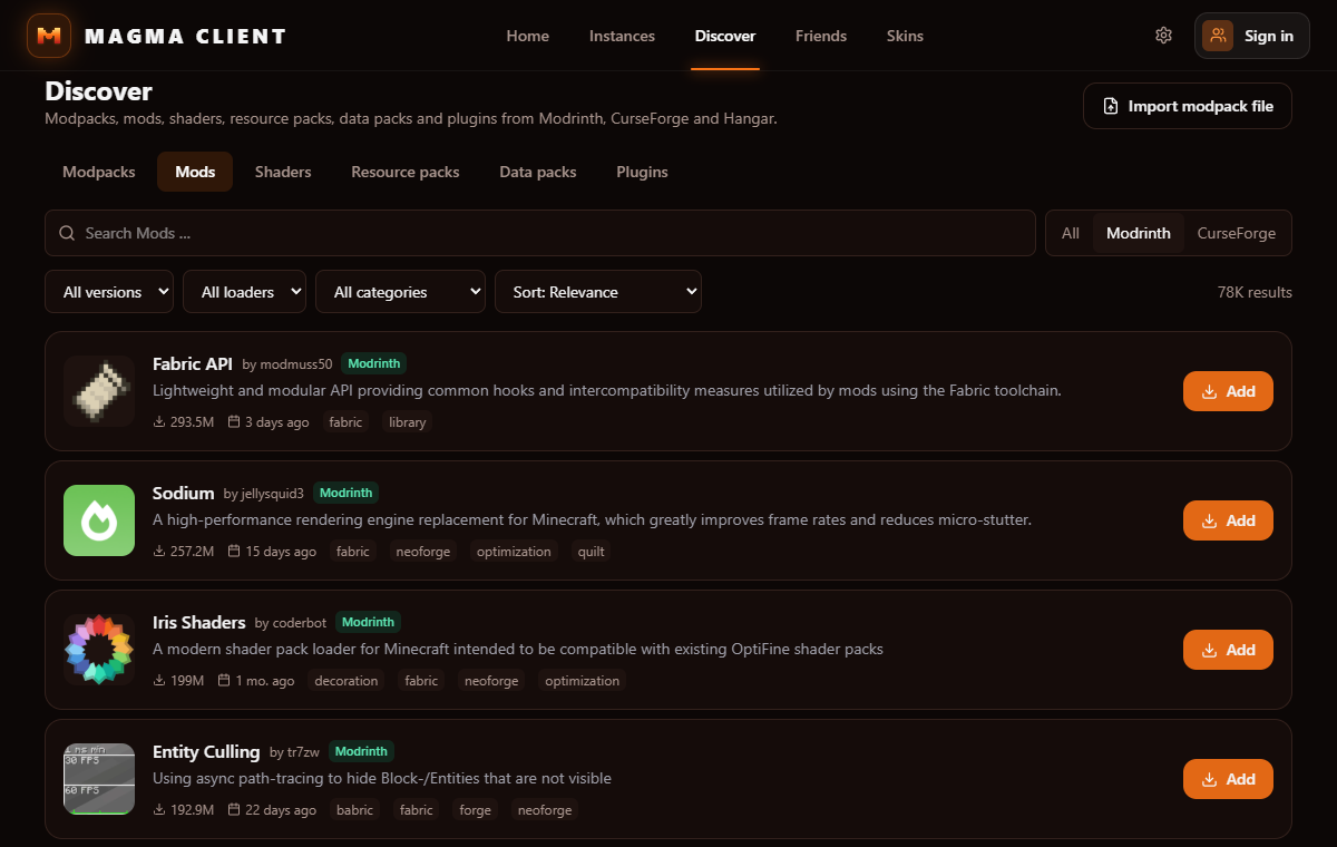 Magma Client Discover page listing popular mods like Fabric API, Sodium and Iris with Add buttons